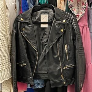 Love Tree Black Leather Jacket with Gold Accents